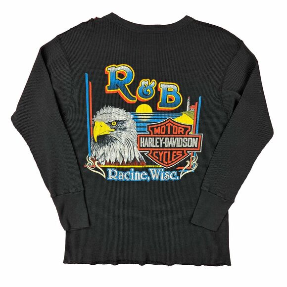 Vintage 80s Harley Davidson Rendezvous Waffle Thermal Longsleeve Black Biker - Picture 4 of 6